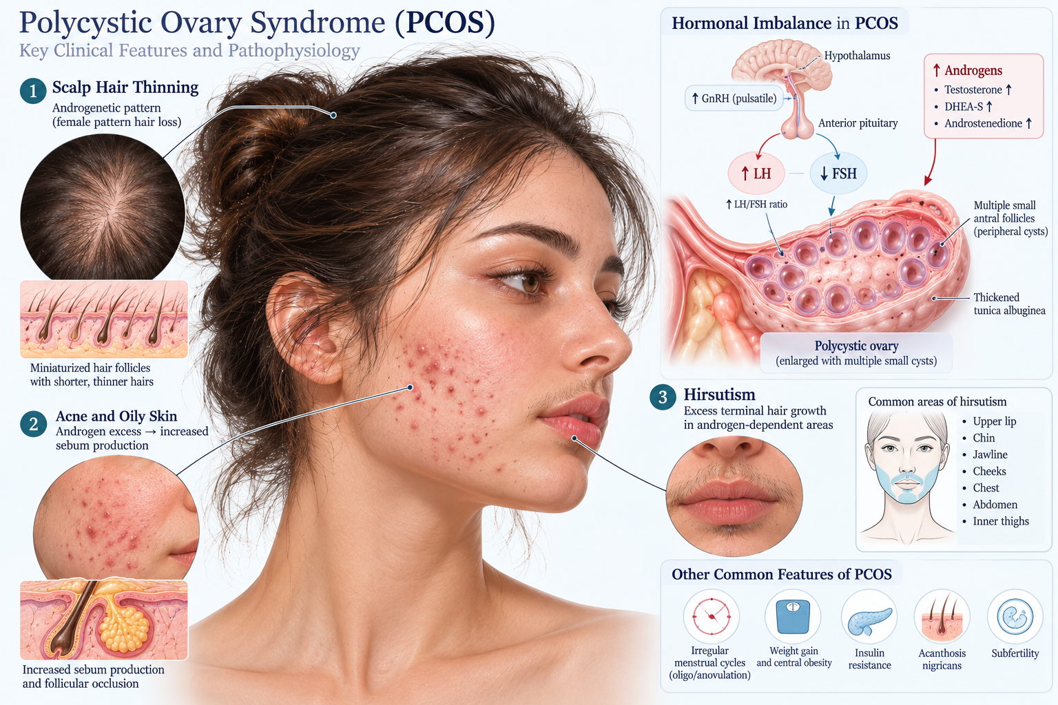 PCOS (Polikistik Over Sendromu) ve Saç Kaybı 2 PCOS Klinik Bulguları İllüstrasyonu